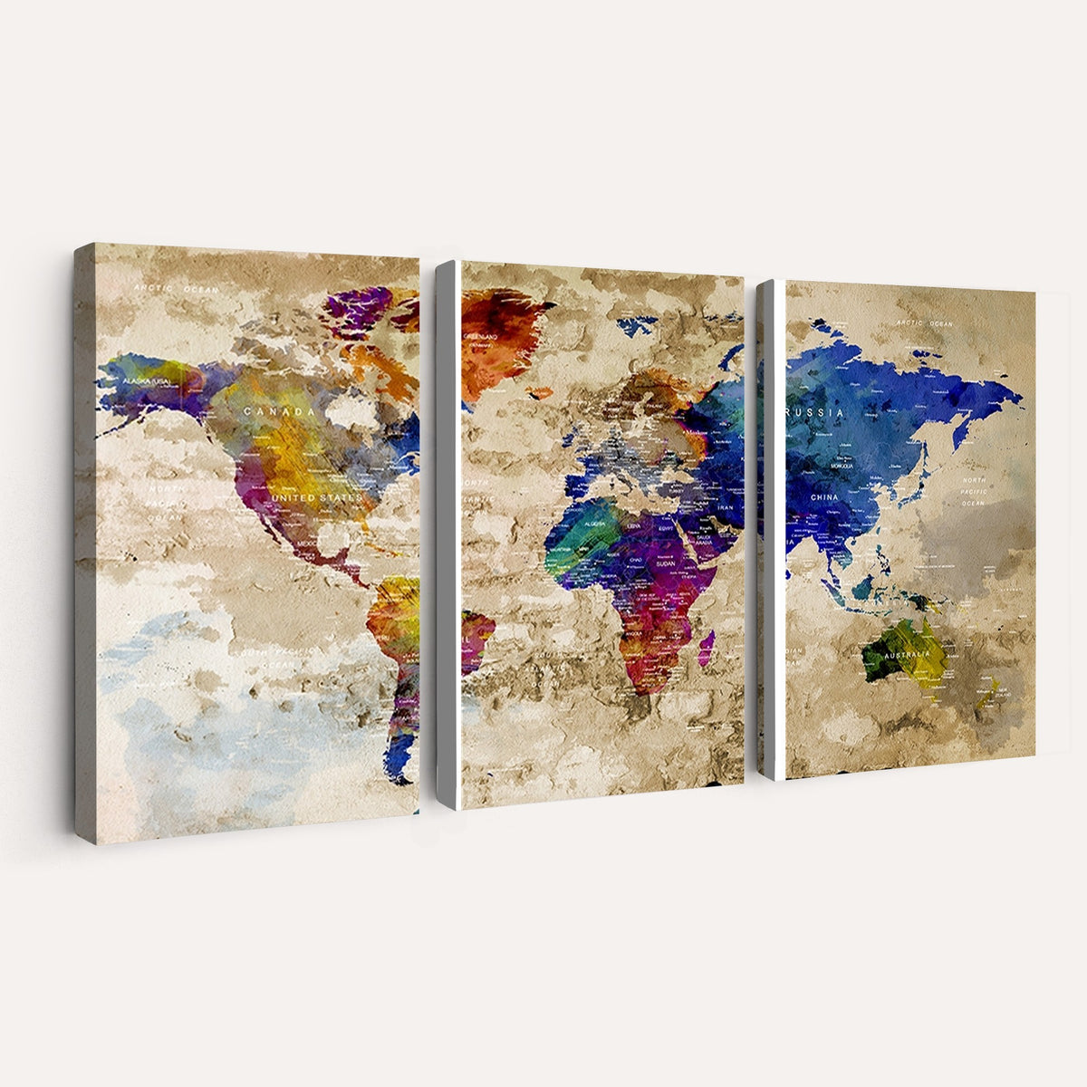 Colorful World Map Canvas Wall Art | Abstract Watercolor Map Print