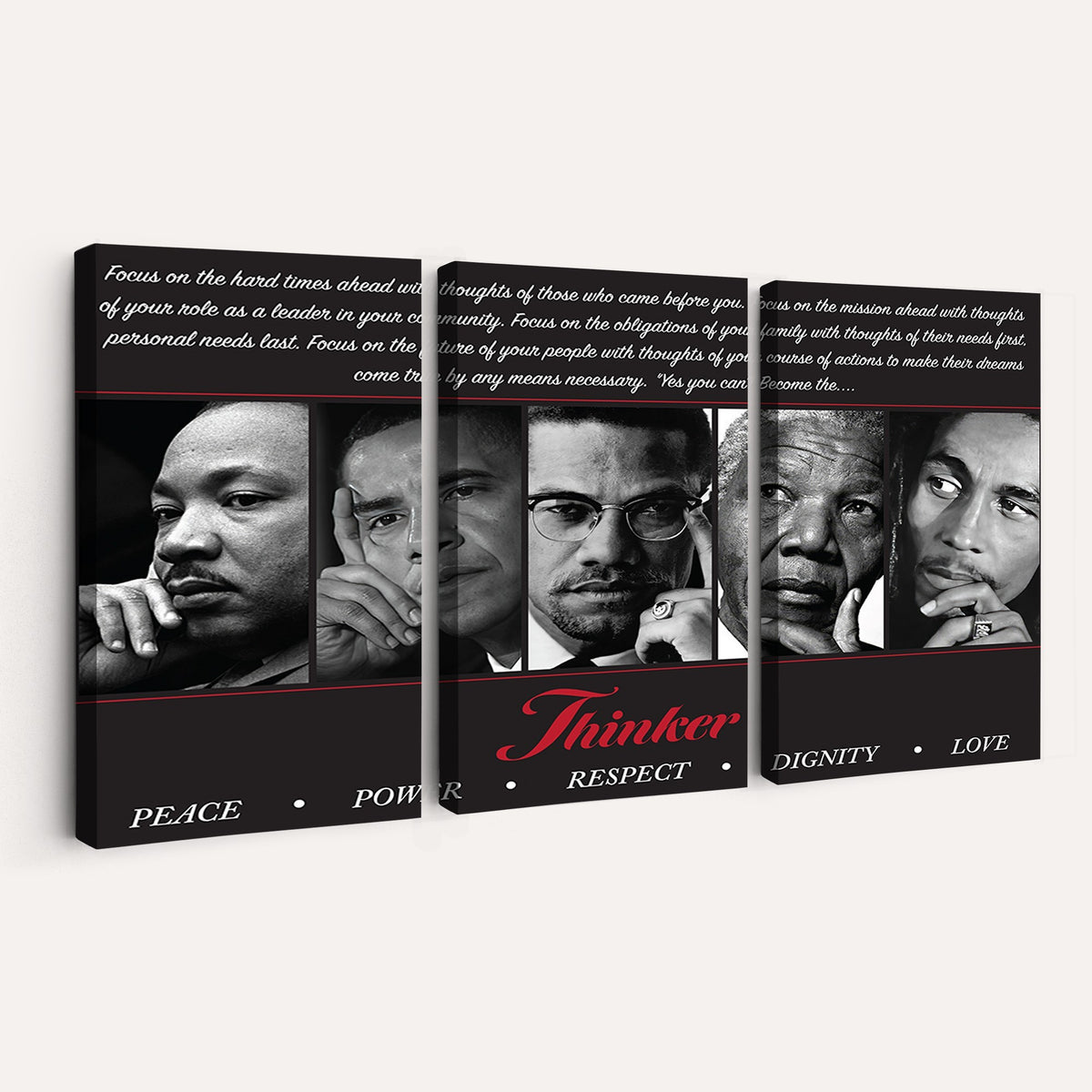 45112-MGV-CV-24X16 - Thinker Quintet Canvas Wall Art | Martin, Obama, Malcolm X, Mandela, Marley, Peace Power Respect Dignity Love