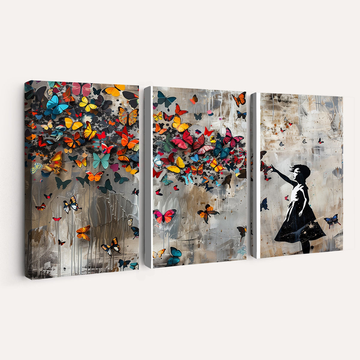Banksy Wall Art, Banksy Girl and Butterfly Explosion Canvas Print | Extra Large 3 Piece Best Seller Wall Art