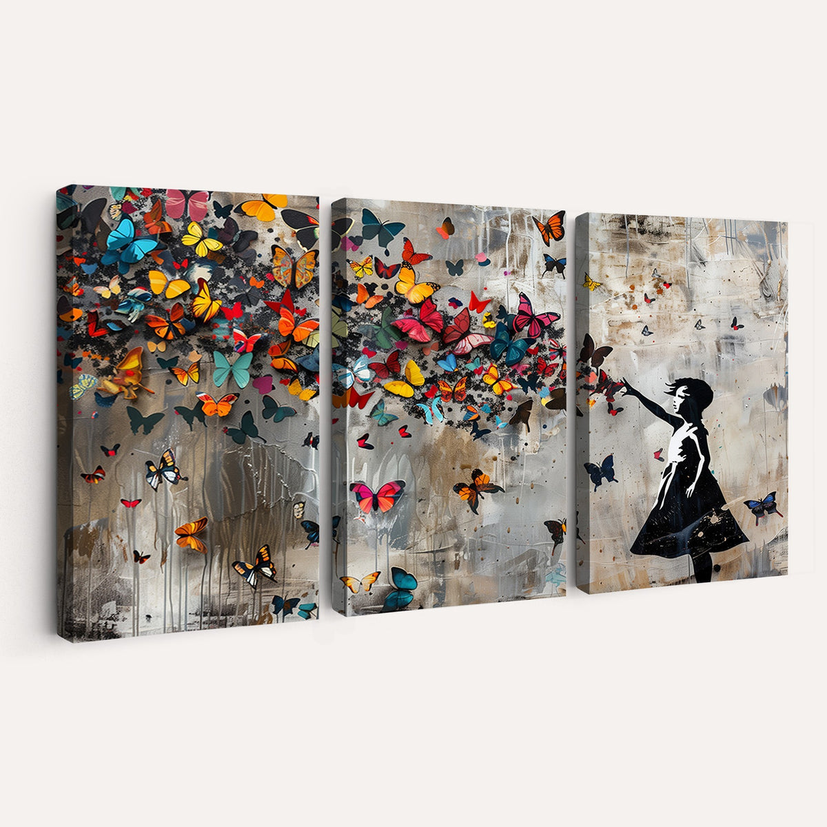 40269-MGV-CV-24X16 - Banksy Wall Art, Banksy Girl and Butterfly Explosion Canvas Print | Extra Large 3 Piece Best Seller Wall Art