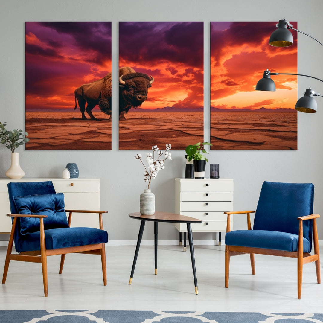 Alone Buffalo on Red Sunset Wall Art Canvas Print