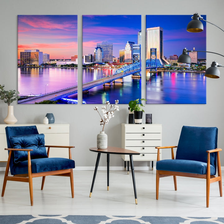 The Jacksonville Wall Art Canvas Print, showcasing the Jacksonville cityscape over a river at sunset, is elegantly crafted on museum-quality canvas with a UV-protective coating. Ready to hang, it elevates your space with its sophisticated charm.