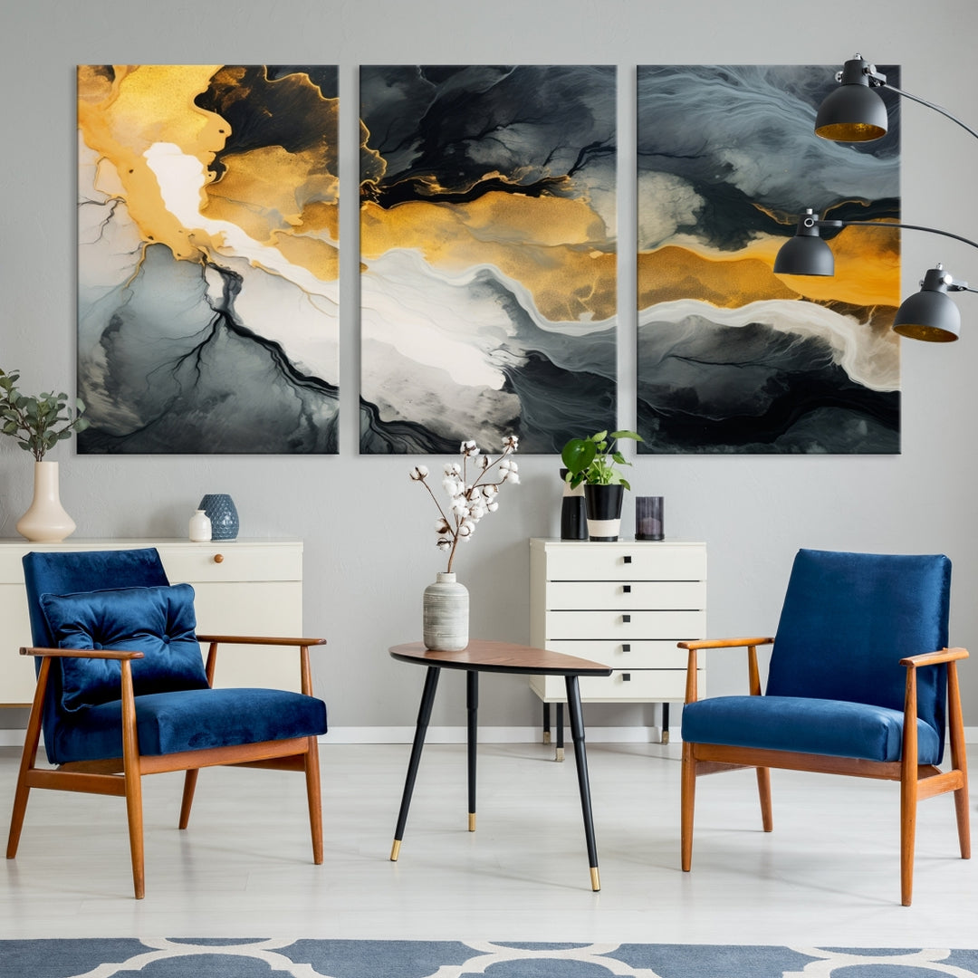 The Smoke Gray Green Golden Abstract Contemporary Art Canvas beautifully enhances a modern living room. Created on museum-quality canvas, this ready-to-hang artwork guarantees longevity and sophistication, perfectly aligning with the contemporary aesthetic.