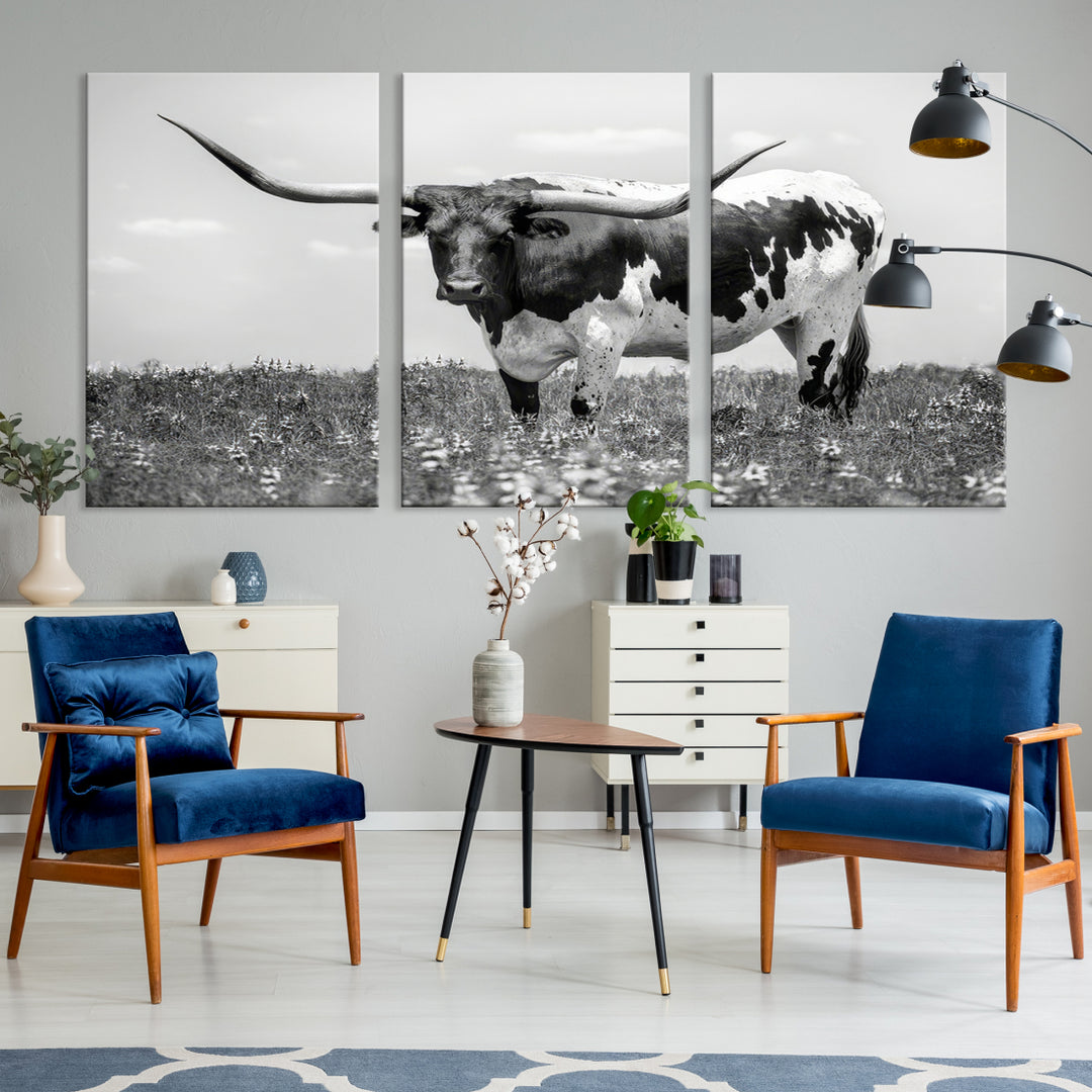 Texas Black White Highland Longhorn Cow Wall Art Canvas Print