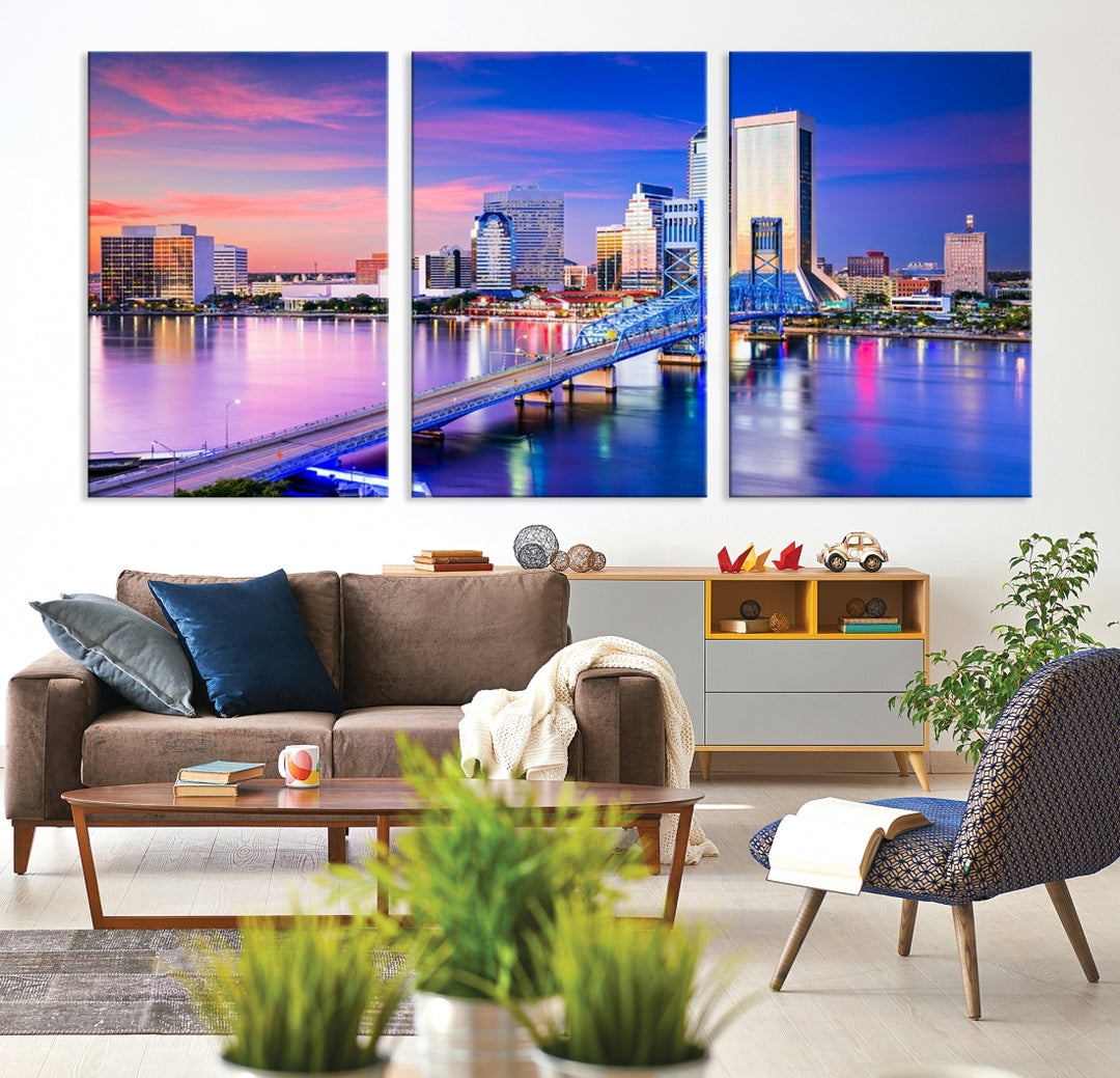 The Jacksonville Wall Art Canvas Print, showcasing the Jacksonville cityscape over a river at sunset, is elegantly crafted on museum-quality canvas with a UV-protective coating. Ready to hang, it elevates your space with its sophisticated charm.