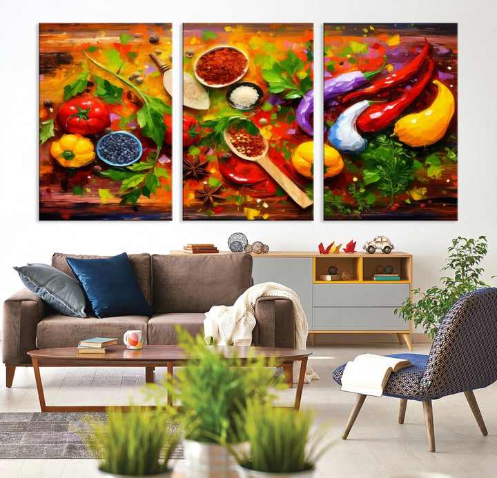 The "Herbs and Spices Culinary Art Foodie Kitchen Art" is a vibrant three-panel painting depicting various vegetables and spices on a wooden background, crafted on museum-quality canvas.