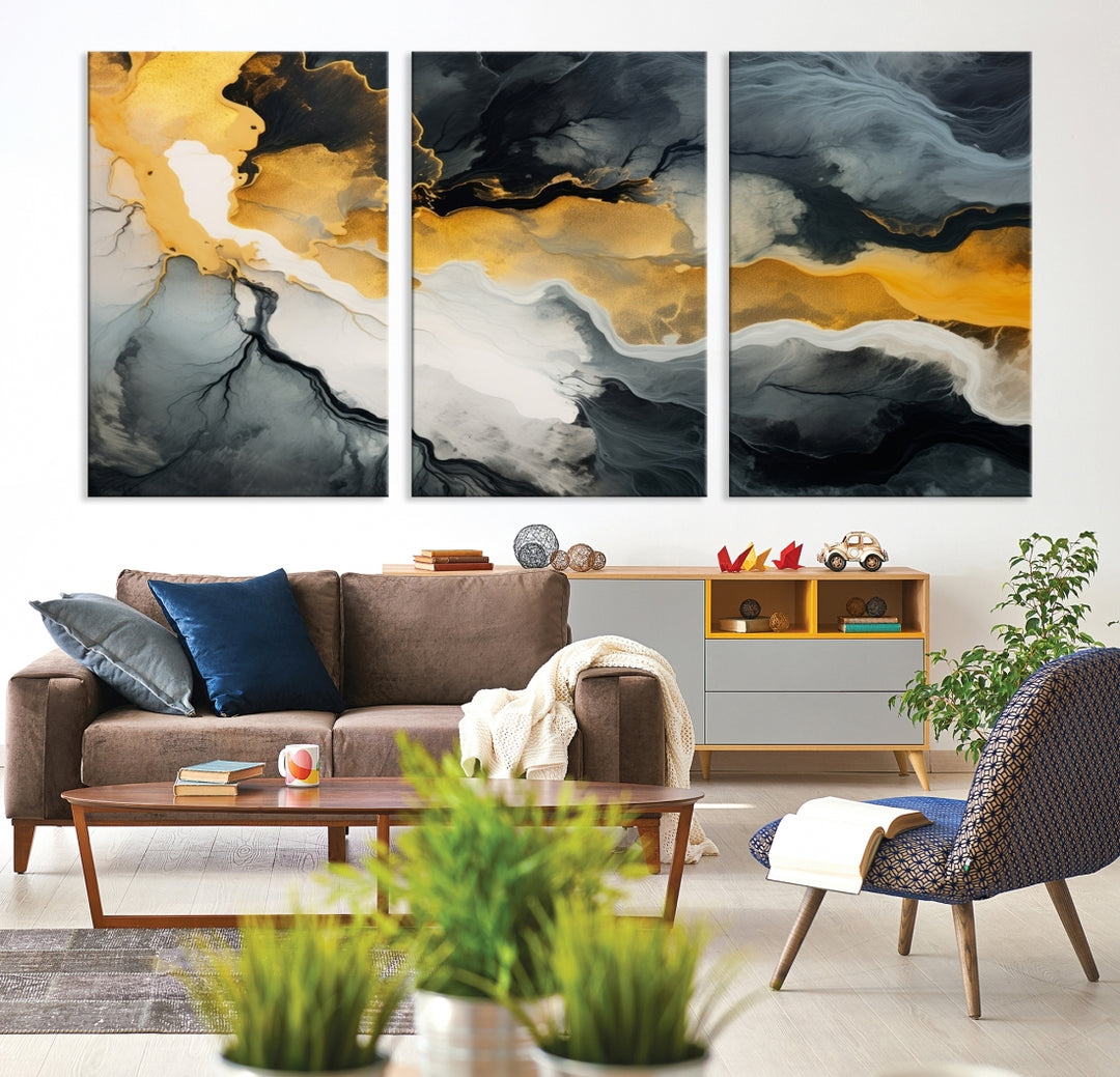 The Smoke Gray Green Golden Abstract Contemporary Art Canvas beautifully enhances a modern living room. Created on museum-quality canvas, this ready-to-hang artwork guarantees longevity and sophistication, perfectly aligning with the contemporary aesthetic.