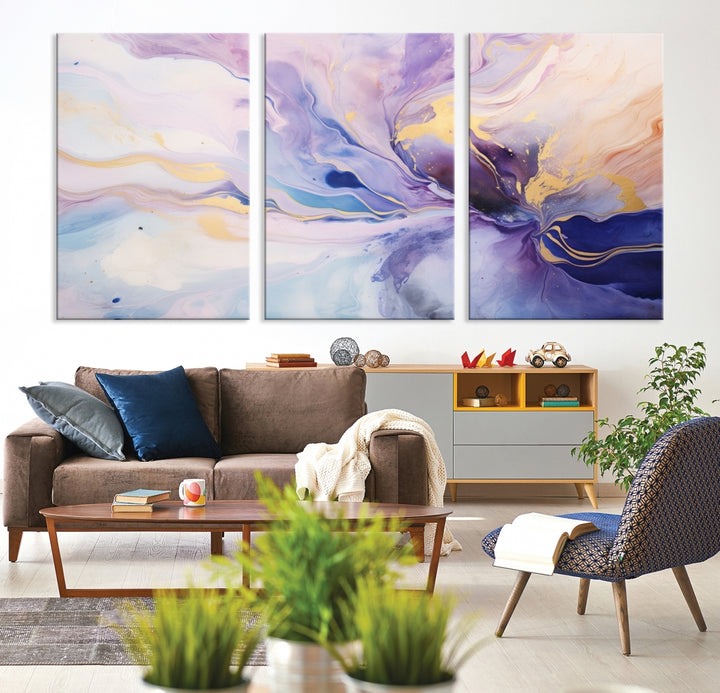 In the modern living room, a captivating Purple Color Abstract Wall Art Print graces the walls, mounted on museum-quality canvas, infusing the space with an artistic flair.