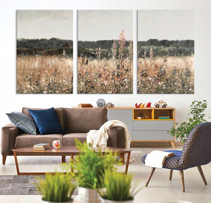 Abstract Field Wall Art Canvas Print, Landscape Wall Art Wildflower Field Countryside Landscape Home Decor