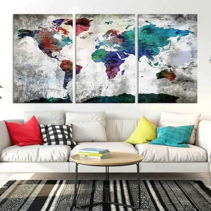 A three-panel World Map Wall Art Canvas Print, crafted with museum-quality materials, adorns the wall.