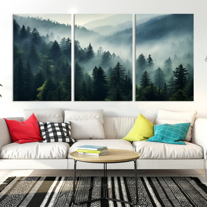 The Captivating Misty Forest Wall Art Premium Canvas Print offers a foggy and serene ambiance, enhancing the modern living room's atmosphere.