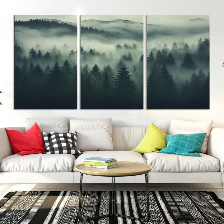 Misty Forest Wall Art Premium Canvas Print une atmosphère brumeuse et sereine