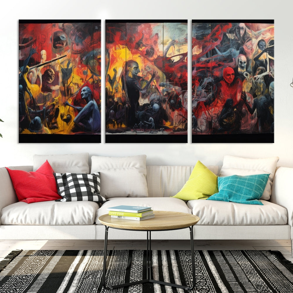 A vibrant Abstract Graffiti Wall Art triptych made of premium canvas, handmade in the USA, adorns the living room.