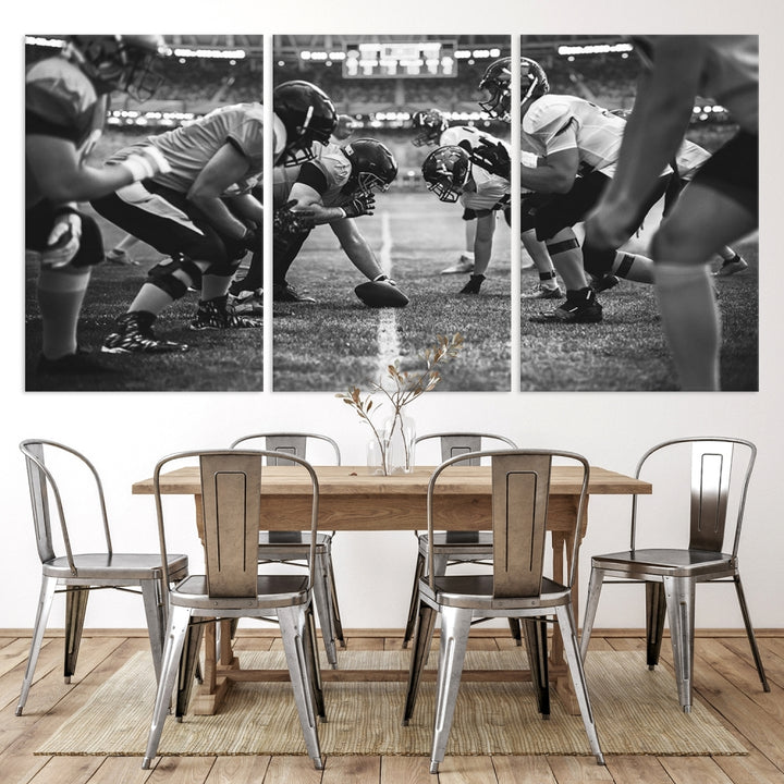 The "American Football Match Wall Art Canvas Print," featuring a black and white photo of a football game, is displayed as a triptych. This artwork is printed on museum-quality canvases and protected with a UV-coating.