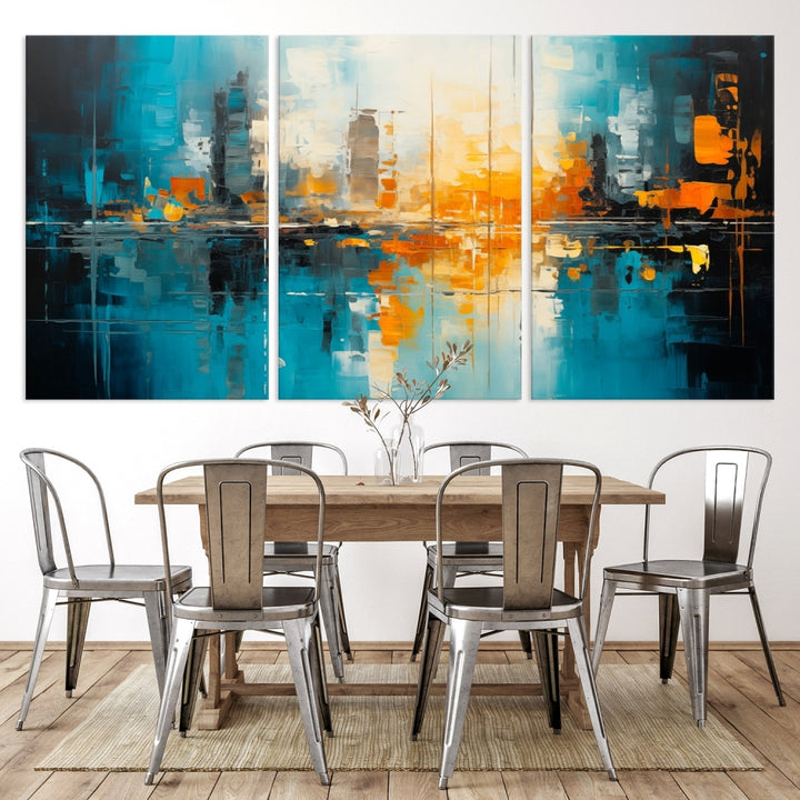 The Large Modern Abstract Wall Art Canvas Print, gallery wrapped on museum-quality canvas, enhances the modern living room setting.