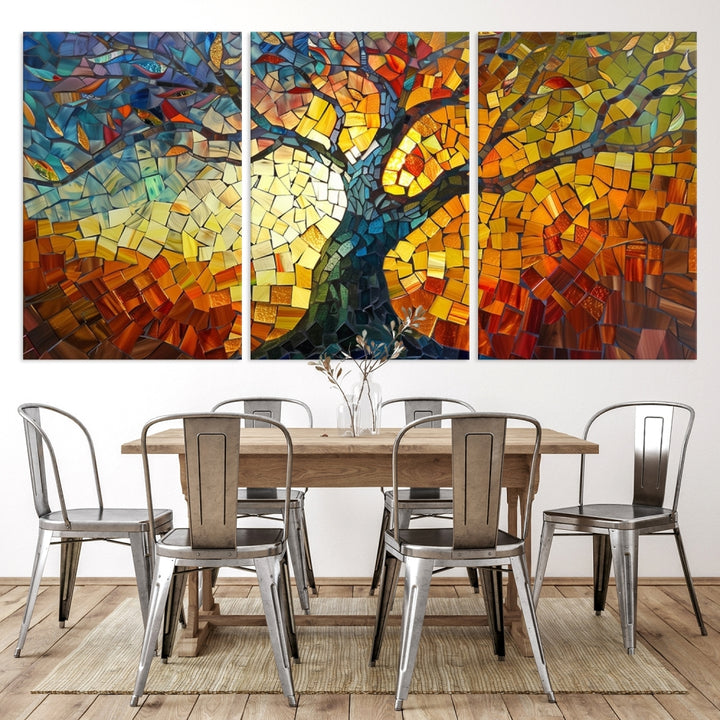 The dining area features the Mosaic Tree Canvas Wall Art, showcasing a vibrant stained glass-inspired Tree of Life called Yggdrasil with colorful leaves.