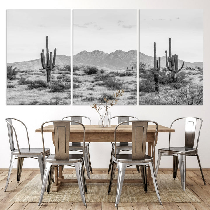 The modern living room showcases the "Black White Arizona Desert Canvas Wall Art Cactus Farmhouse Wall Art," a triptych consisting of gallery-wrapped, museum-quality black-and-white desert landscape photographs featuring cacti.