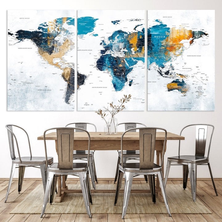 The World Map Turquoise Orange Wall Art Canvas Print, a triptych crafted on museum-quality canvases, adds aesthetic appeal and durability to the space.