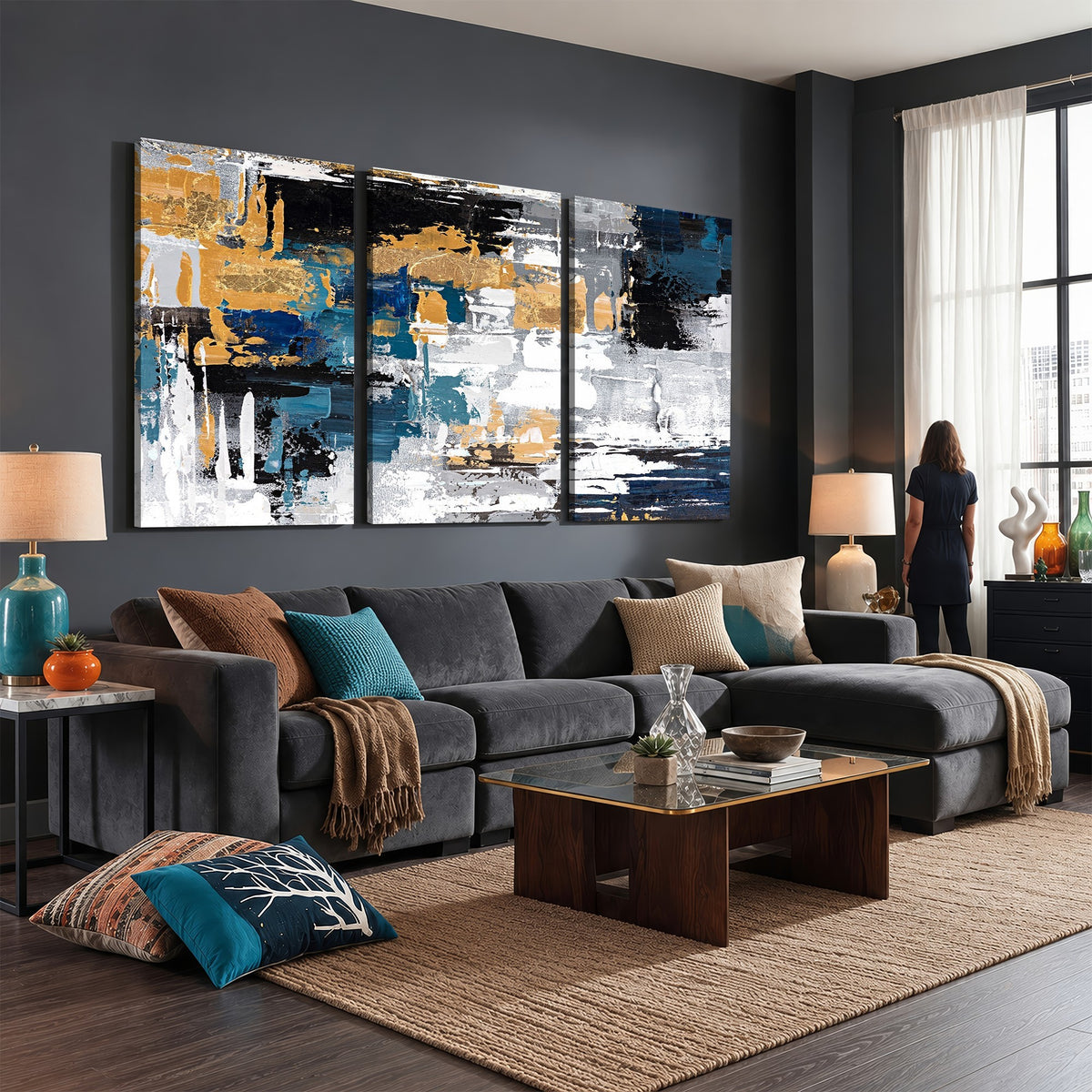 57708-_Poster-30x20 - Blue and Gold Abstract Canvas Wall Art | Triptych Modern Art Print
