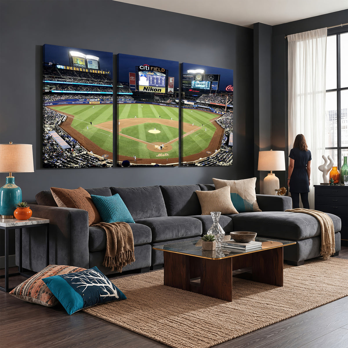87666-MGV-CV-36X24 - Citi Field Wall Art Print | 3-Panel New York Mets Baseball Stadium Canvas Print | Framed Sports