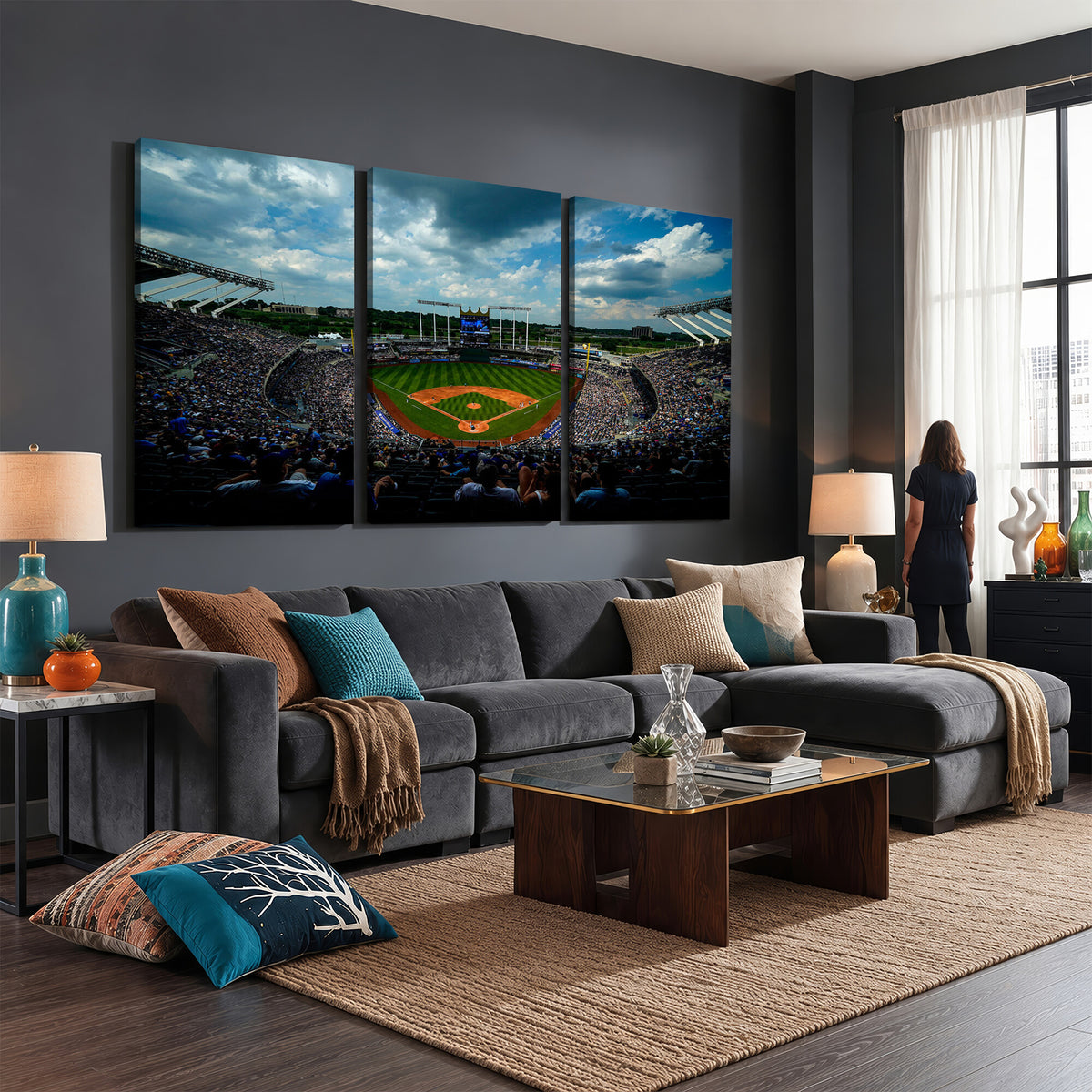37127-MGV-CV-36X24 - 3-Panel Kauffman Stadium Wall Art Print | Large Kansas City Royals Baseball Canvas
