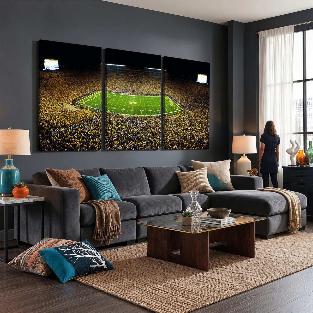 26166-MGV-CV-36X24 - Stadium in Michigan Wall Art Canvas Print, Framed American Football Stadium Art