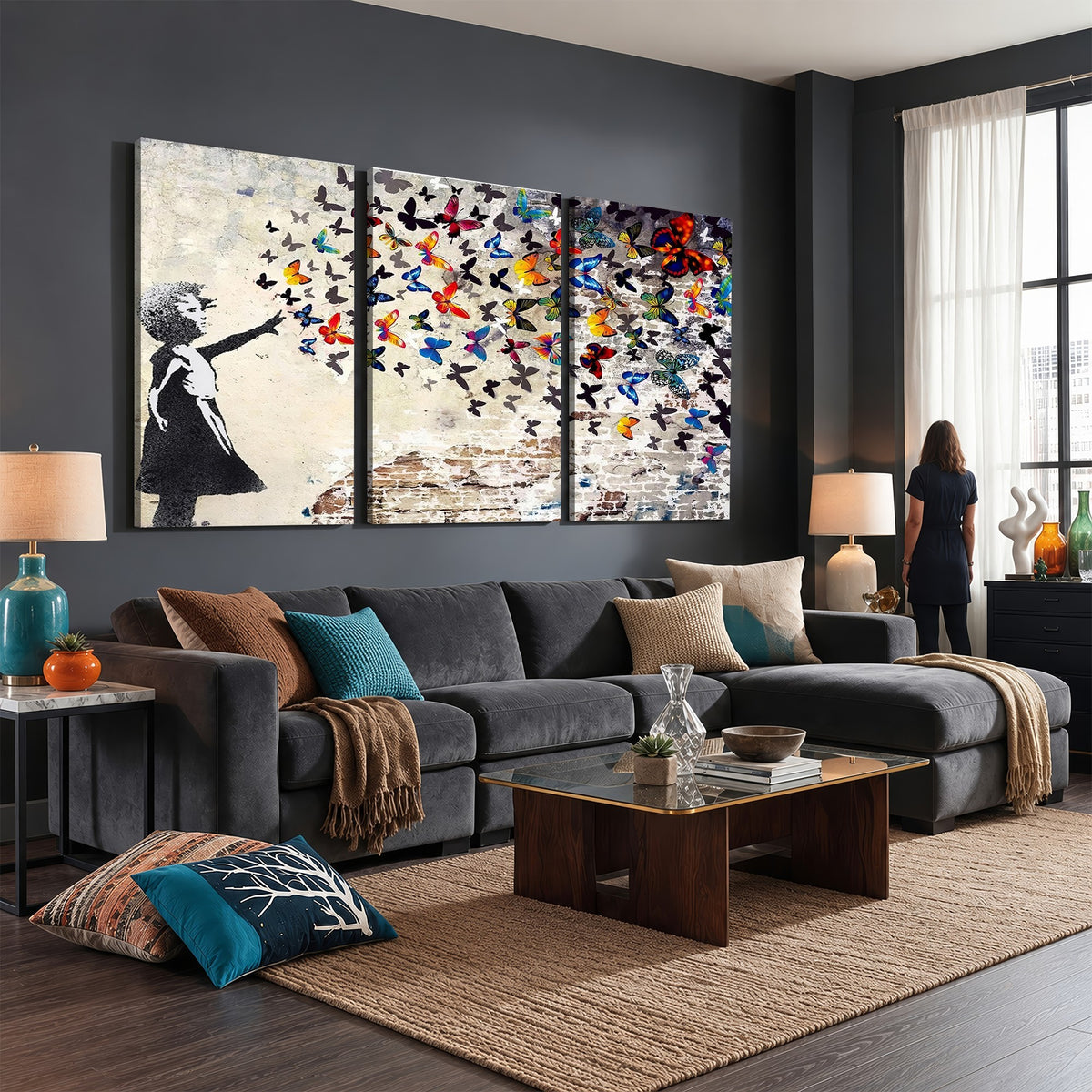 97895-MGV-CV-24X16 - Banksy Graffiti Wall Art Canvas Print, Girl Releasing Vibrant Butterflies