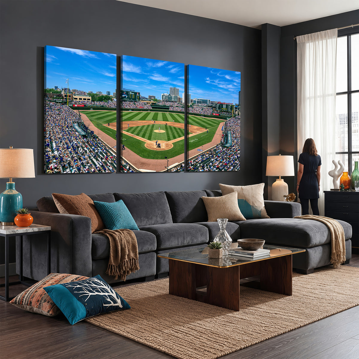 26064-MGV-CV-36X24 - Wrigley Field Chicago Cubs Wall Art Canvas Print Framed Panoramic Multi-Piece Iconic Baseball Stadium Artwork for Home, Office