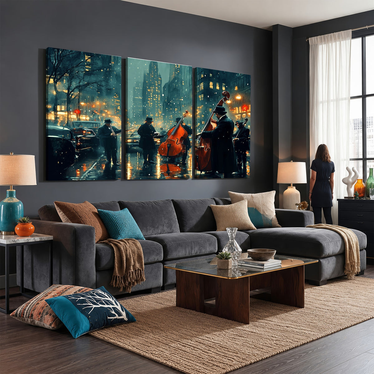 53391-MGV-CV-24X16 - Urban Night Jazz Wall Art Canvas Print | Moody Rain Soaked City Street Band Scene