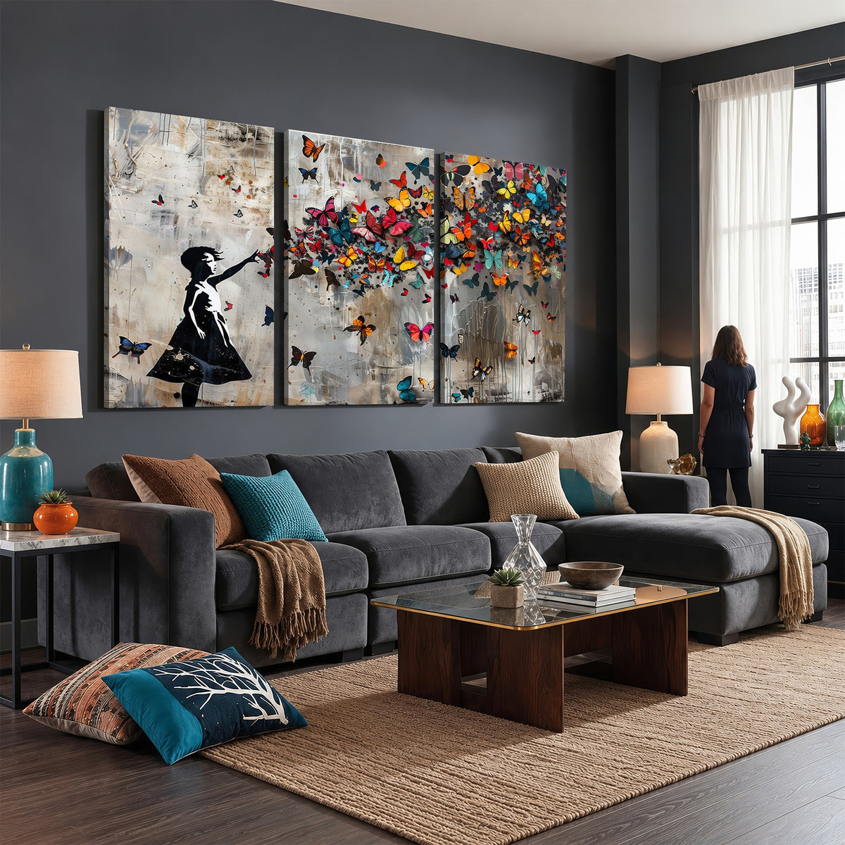 51446D-MGV-CV-24X16 - Banksy Butterfly Girl Wall Art | Modern Graffiti Canvas Print, Street Art Decor