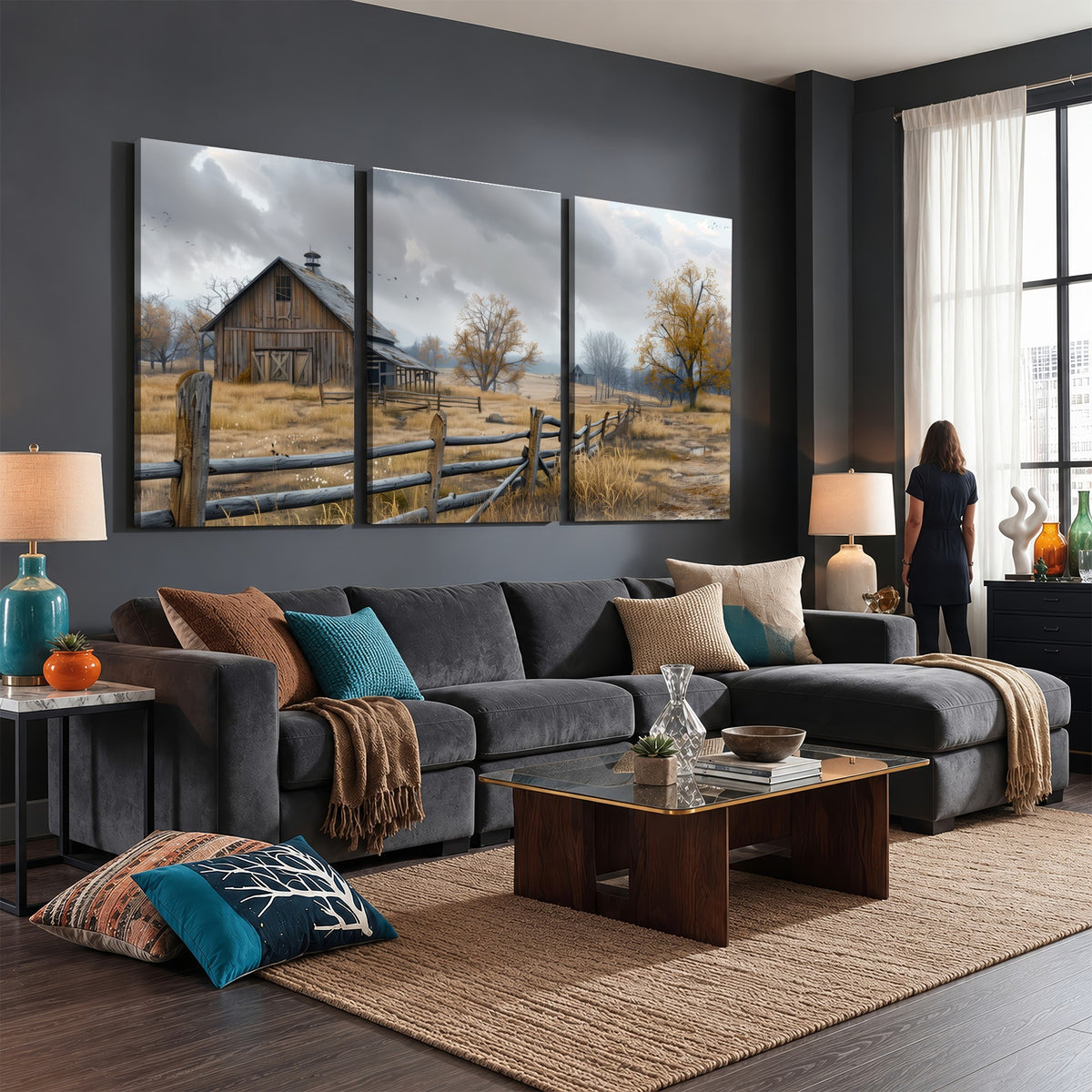 Farm1-MGV-CV-24X16 - Rustic Autumn Farmhouse Wall Art Canvas Print | Serene Countryside with Weathered Barn