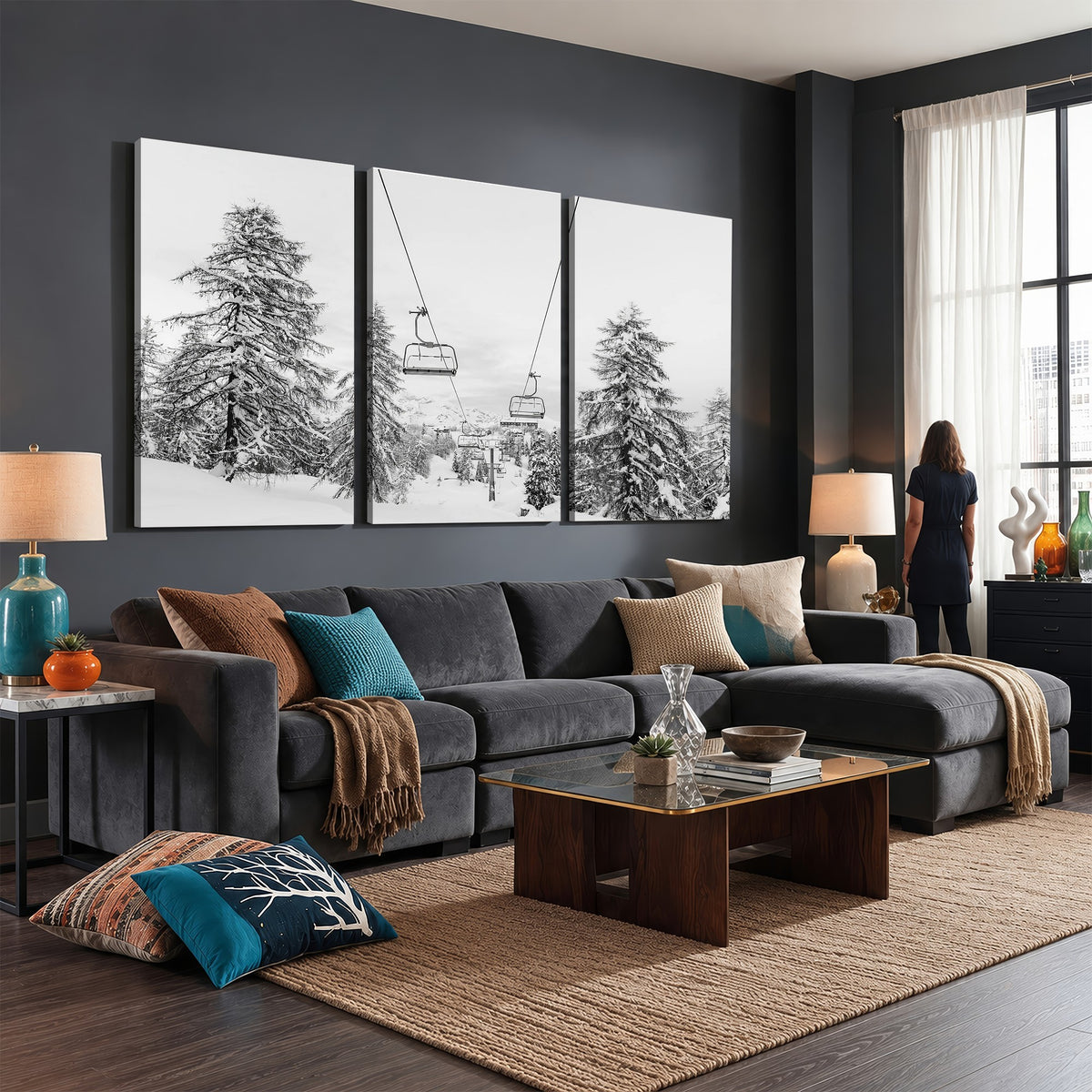 55003599D-MGV-CV-24X16 - Ski Lift Wall Art | Framed Snowy Mountain Canvas Artwork