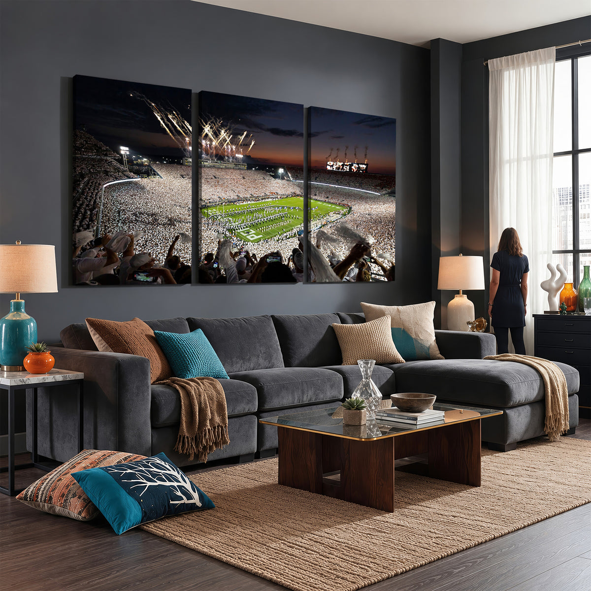 11221988-MGV-CV-36X24 - Epic Night Football Stadium Wall Art Canvas Print, Fireworks and Crowd