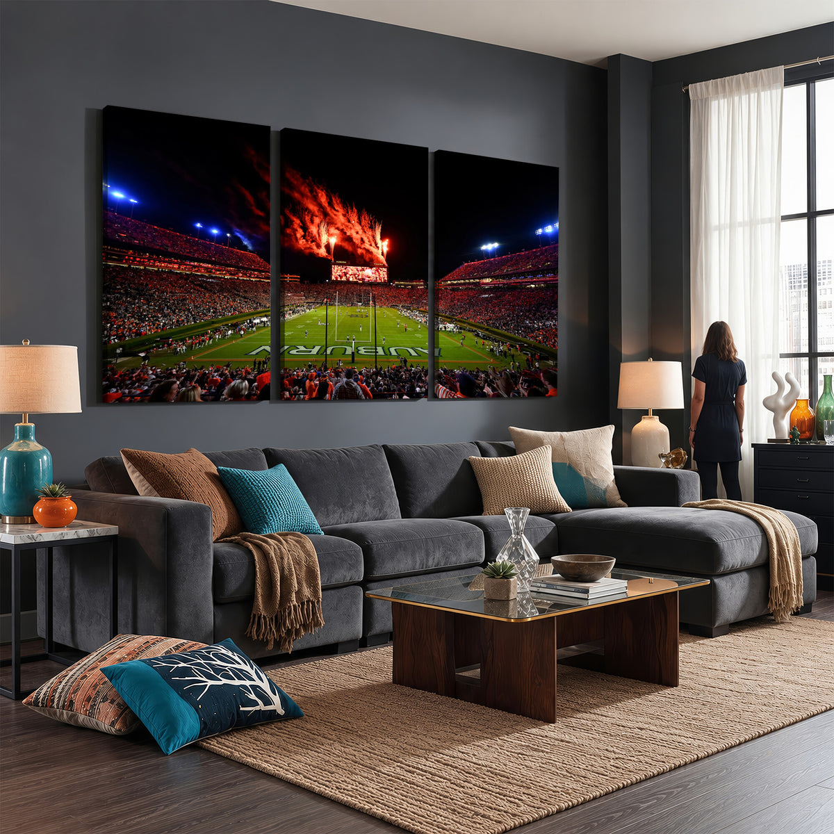 81918884-MGV-CV-36X24 - Auburn Stadium Wall Art Canvas Print, College Football Night Game Crowd, Jordan Hare Stadium Artwork