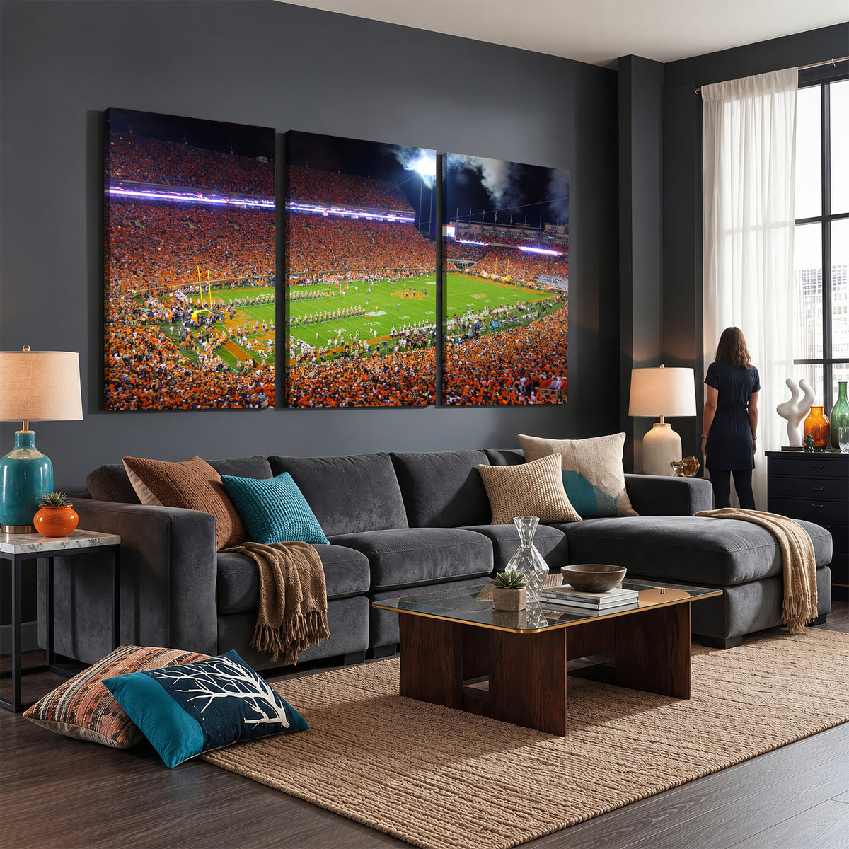43662631-MGV-CV-36X24 - Clemson Football Stadium Wall Art Canvas Print, College Football Crowd Night Game Scene, Orange Stadium Panorama Wall Decor