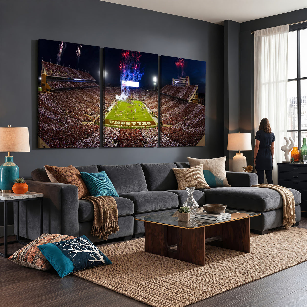 43197777-MGV-CV-36X24 - Oklahoma Memorial Stadium Wall Art Canvas Print – Oklahoma Sooners Football Artwork for Home, Office, and Sports Room Decor