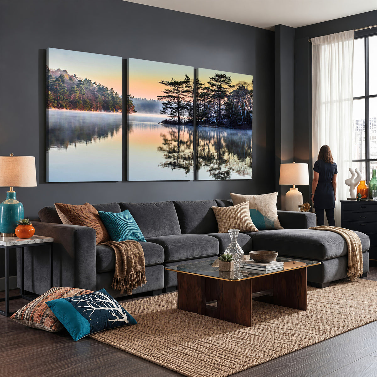 34236027-MGV-CV-36X24 - Before People Wake Canvas Wall Art Print, Misty Lake Sunrise Landscape, Forest Reflection Nature Decor, Ready to Hang