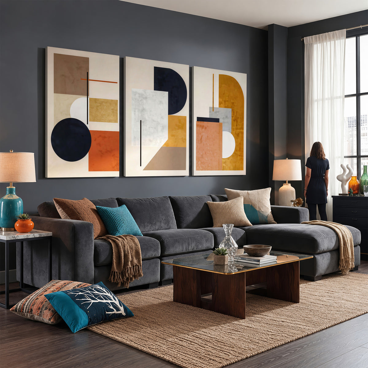 87361249-MGV-CV-48X32-3P - Mid Century Modern Geometric Canvas Wall Art, Abstract Triptych Print