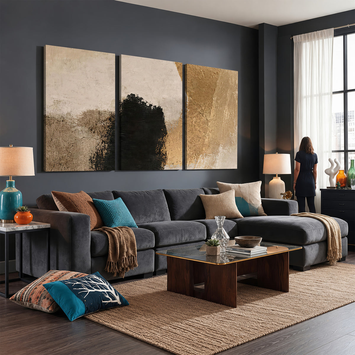 36003778-MGV-CV-48X32-3P - Mid Century Modern Geometric Canvas Wall Art, Abstract Triptych Print