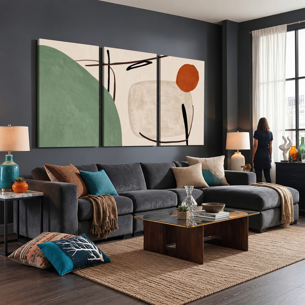 46798824-MGV-CV-48X32-3P - Mid Century Modern Geometric Canvas Wall Art, Abstract Triptych Print