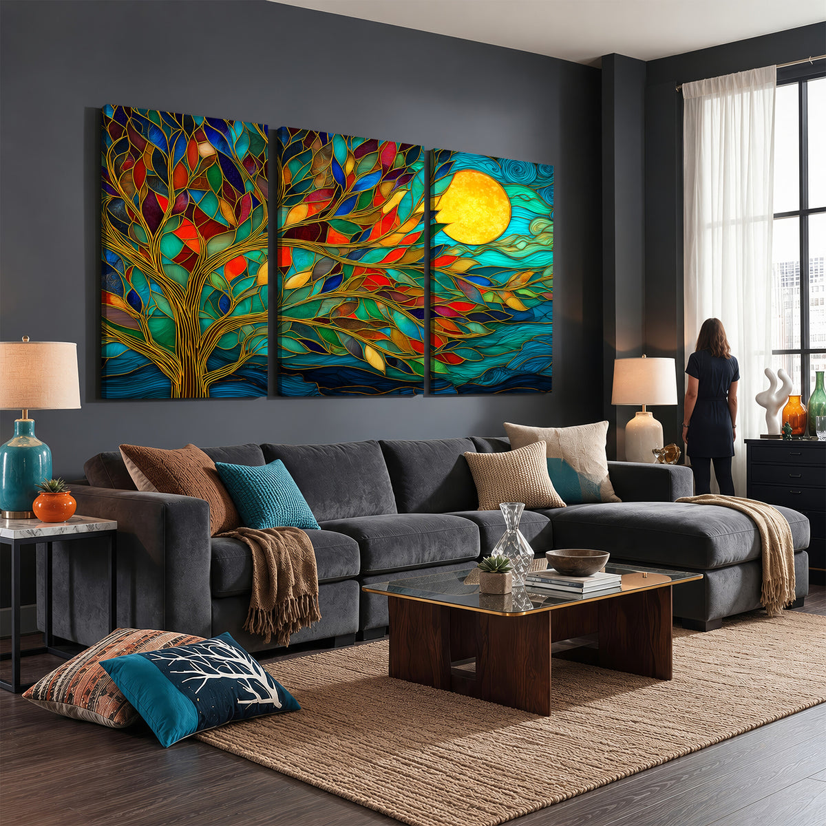 11877152-MGV-CV-36X24 - Stained Glass Tree Of Life Wall Art - Vibrant Mosaic Nature Home Decor