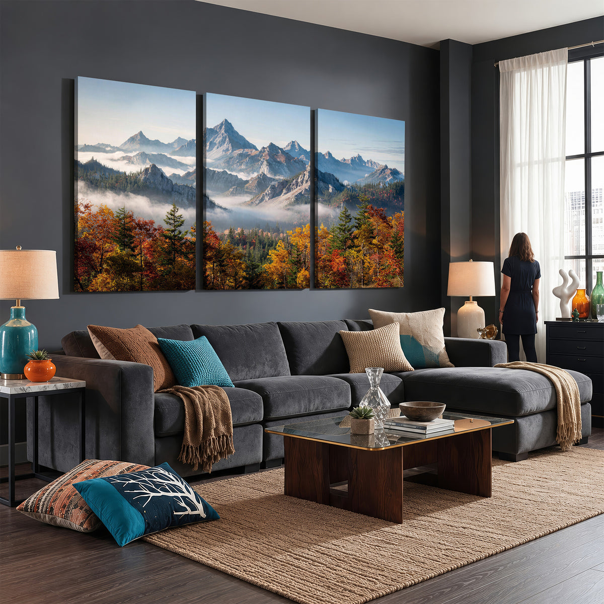 38847944-MGV-TP-30X20 - Majestic Mountain Peak Canvas Wall Art - Panoramic Autumn Forest Fog Landscape Print