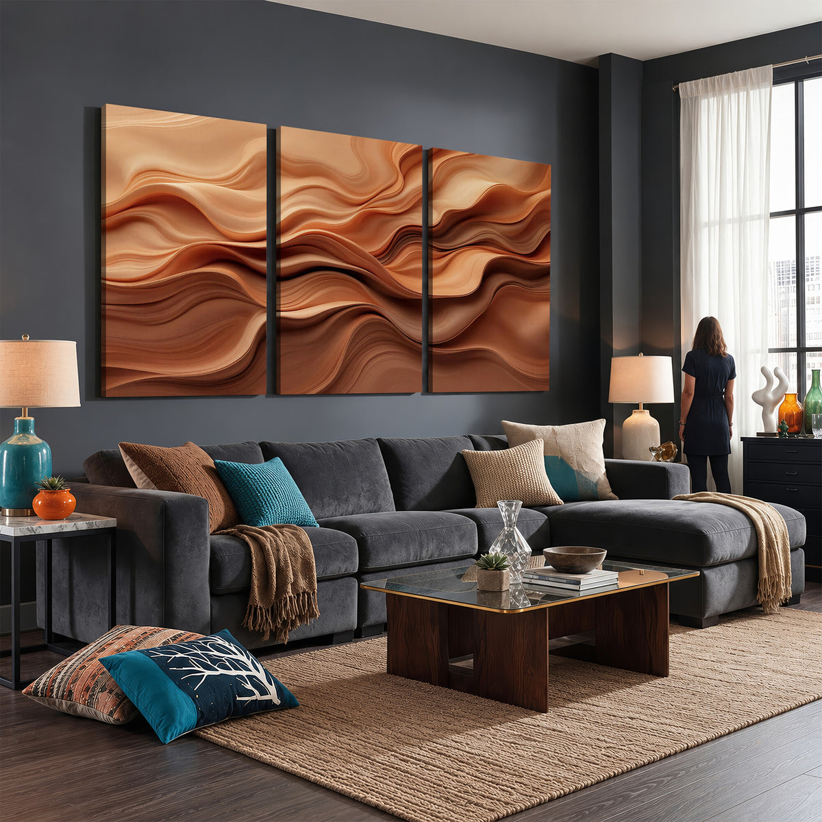 82230697-MGV-CV-36X24 - Modern Abstract Fluid Waves Canvas Wall Art - Minimalist Warm Terracotta Beige Sand Print
