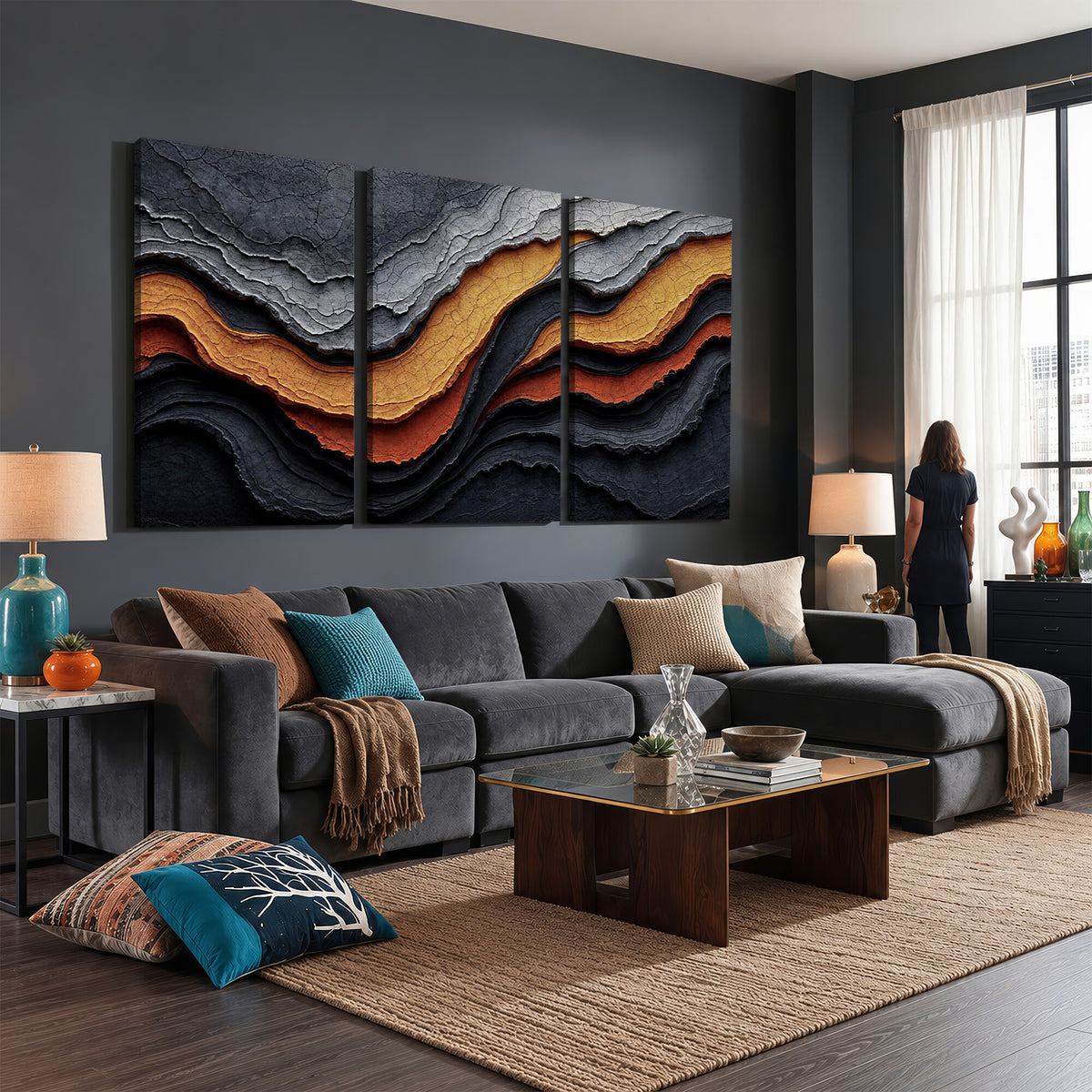 59852489-MGV-CV-36X24 - Abstract Waves Canvas Wall Art - Modern Terracotta and Charcoal Gray Print