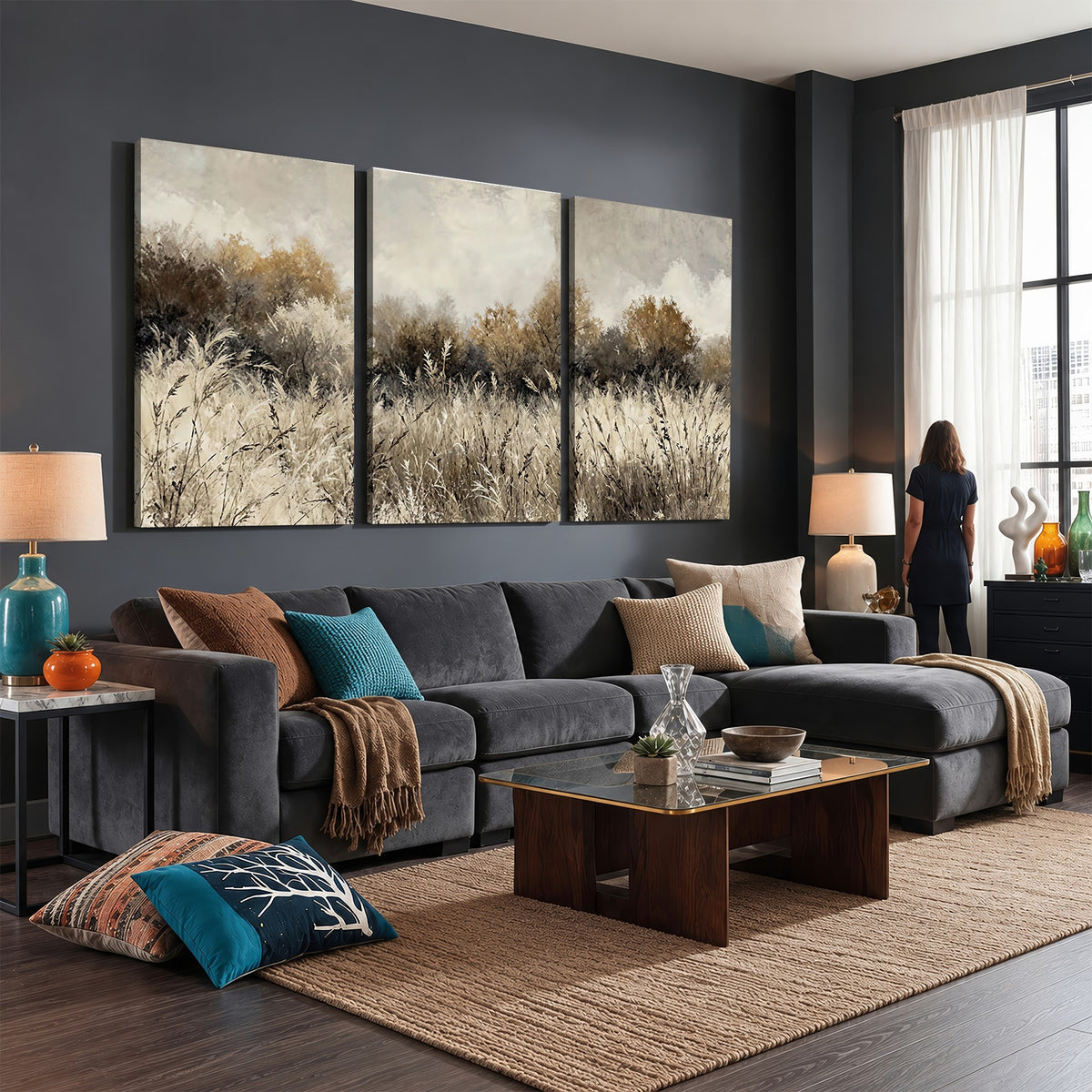 53959945-_Poster-30x20 - Muted Neutral Forest Landscape Canvas Wall Art - Vintage Rustic Wildflower Meadow Print
