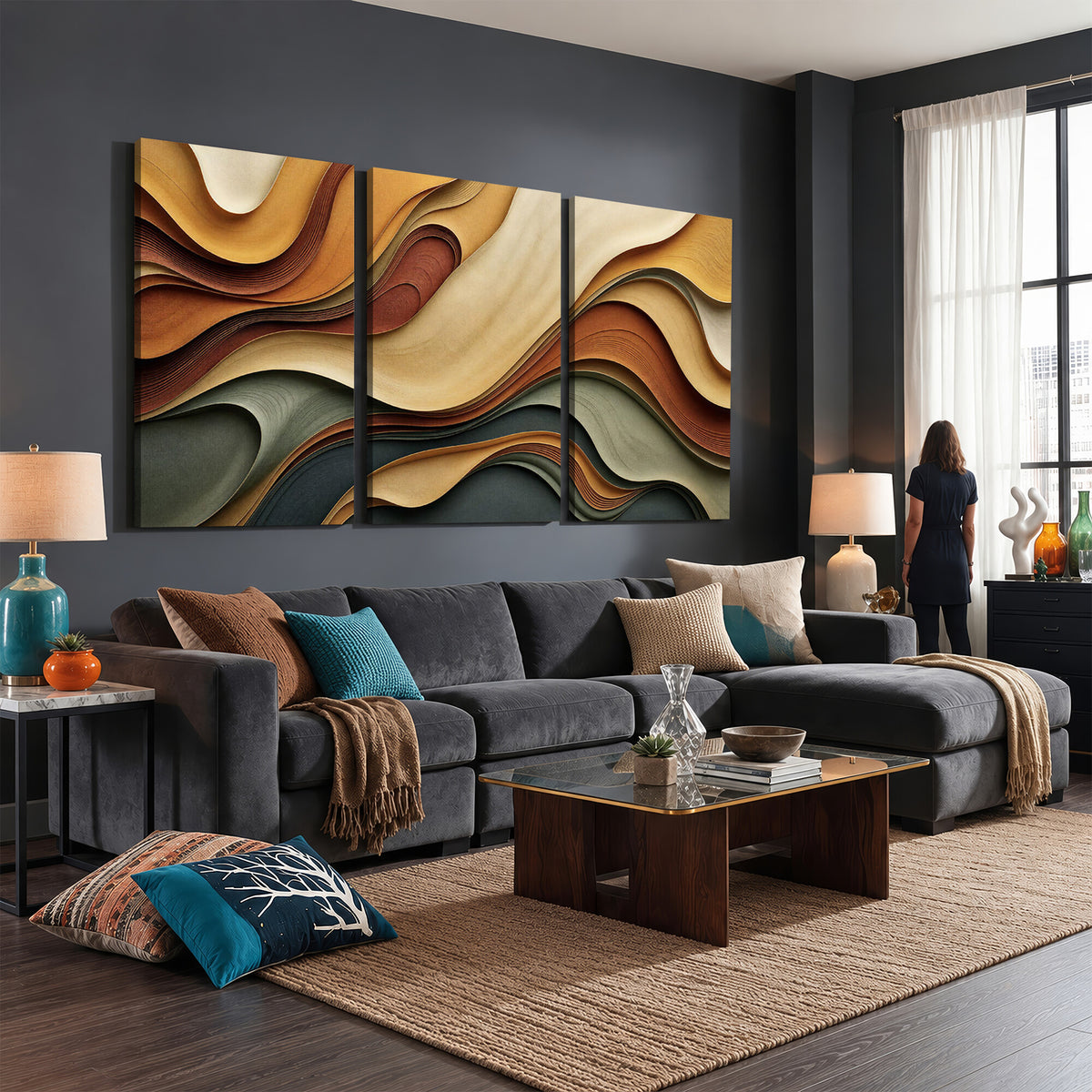 19337902-MGV-CV-36X24 - Modern Abstract Waves Canvas Wall Art - Minimalist Earthy Tone Living Room Decor
