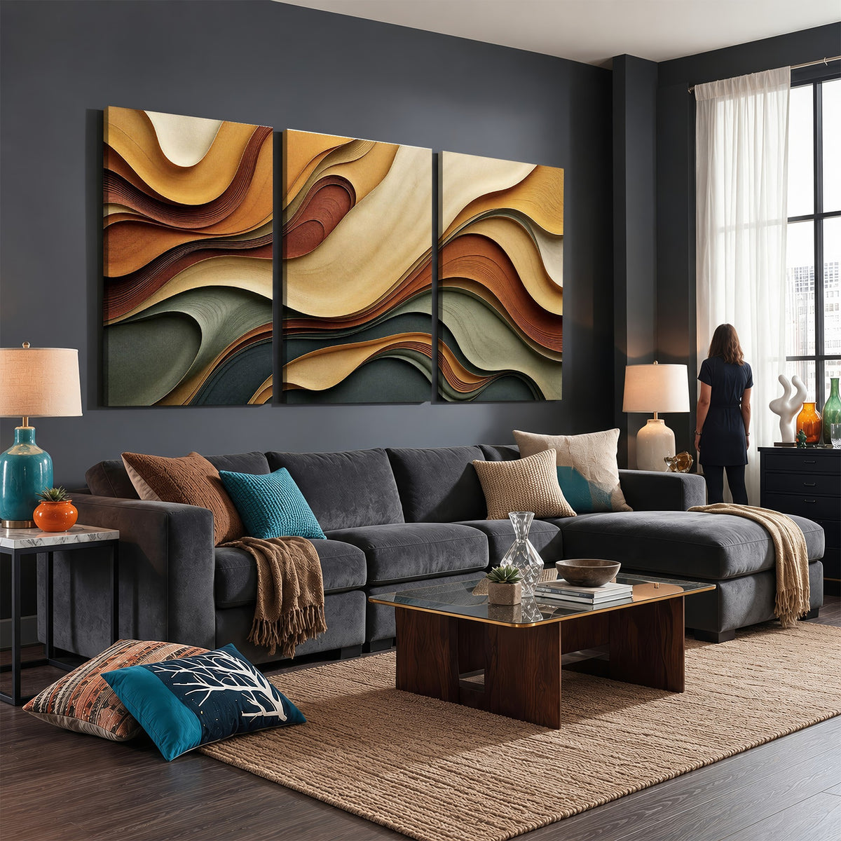 19337902-_Poster-30x20 - Modern Abstract Waves Canvas Wall Art - Minimalist Earthy Tone Living Room Decor