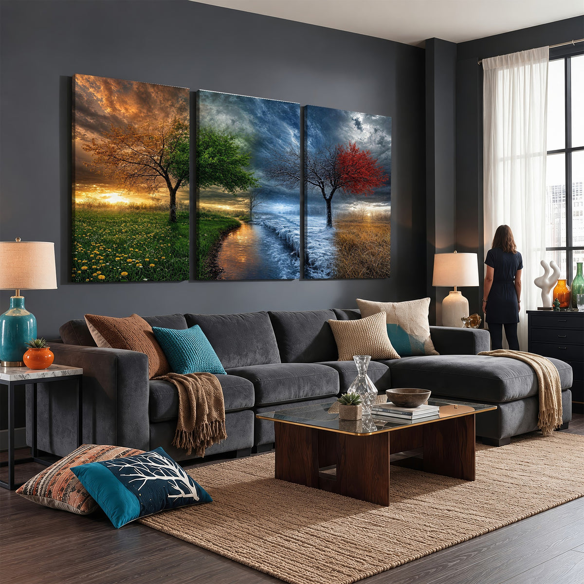 61895574-MGV-CV-24X16 - Four Seasons Tree Canvas Wall Art, Nature Landscape Canvas Print for Living Room