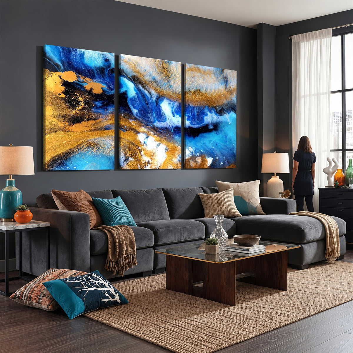 42100-_Poster-30x20 - Large Abstract Wall Art Print | Gold and Blue Abstract Canvas Wall Art