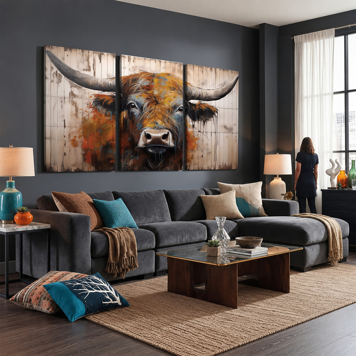 47284-MGV-CV-24X16 - Abstract Bull Highland Cow Canvas Wall Art Print